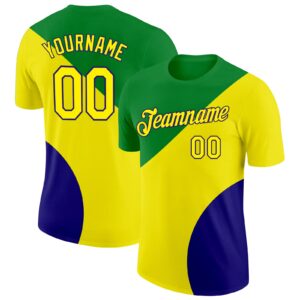Custom Green Light Yellow-Dark Purple Brazil Color Blocks Performance T-Shirt