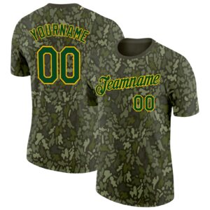 Custom Camo Green-Gold Woodland Forest Digital Camouflage Salute To Service Performance T-Shirt