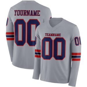 Custom Gray Navy-Red Long Sleeve Authentic Football Jersey