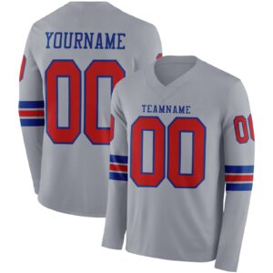 Custom Gray Red-Royal Long Sleeve Authentic Football Jersey