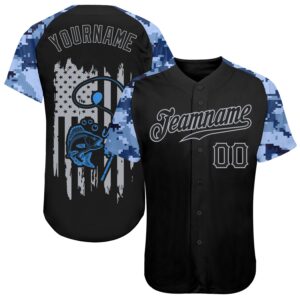 Custom Black Gray American Flag Patriotic Camo Raglan Sleeves Fishing Authentic Baseball Jersey