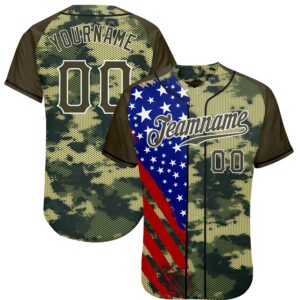 Custom Camo Olive Red Blue Black-White American Flag Side Stripe Patriotic Digital Woodland Camouflage Raglan Sleeves Authentic Baseball Jersey